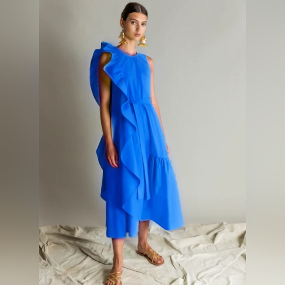 Psophia Dresses & Skirts - Psophia Cobalt Blue Ruffle Midi Dress Sleeveless Belted Size Small 100% Cotton